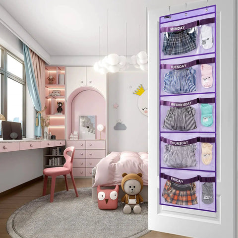 Weekly Kids Closet Hanging Organizer For Monday Through Friday Outfits Purple Thick Nonwoven Bag With Clear Window Panels Straight Up Simple Back To School Wardrobe Storage Hack