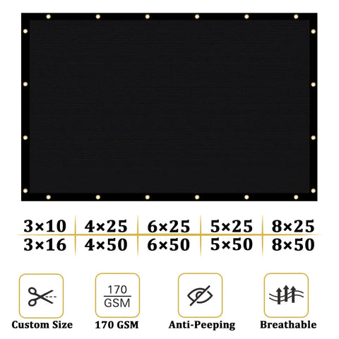 Custom Size Privacy Fence Shade Net Cover 3 Ft By 16 Ft UV Protected 170 GSM HDPE With Brass Grommets Black Bindings