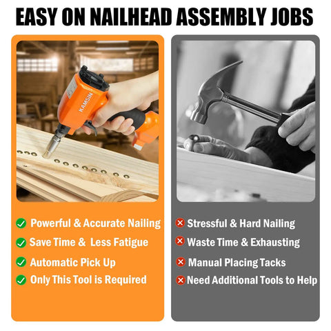 Pneumatic Decorative Nailer For Upholstery Tack Gun showing easy assembly compared to manual hammer use.