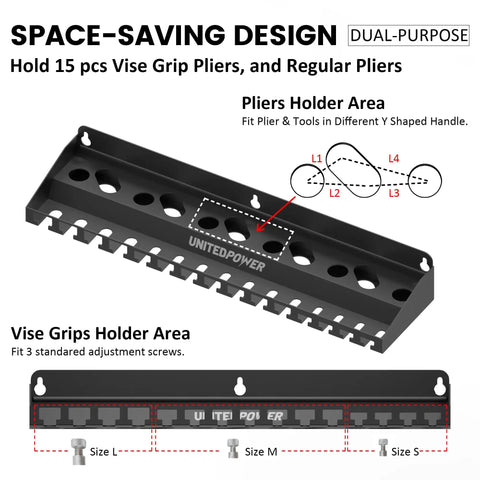 Illustration of Vise Grip Holder Wall Mount Rack showing space-saving design with pliers and vises holder slots.