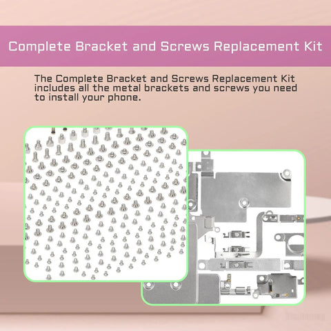 Complete Internal Screw Set And Full Metal Bracket Kit For 13 Pro Repair Pro Grade Includes Bottom Plate Screws Small Screw Parts And Repair Tools Screwdriver For Models A2636 A2638 A2639 A2640 A2483 displayed with screws and brackets on a table background