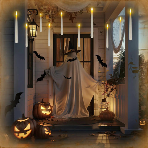 Floating Battery Operated Taper Candles Pack, 6.5-Inch LED Flickering Flameless Tapers hanging in a Halloween porch decor scene.
