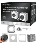 Nema 14 50 Ev Outlet With Surface And Flush Mount Box Kit showing two styles, electrical components, and assembly parts for installation.