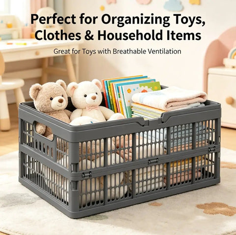 Slick Gray Foldable Storage Basket With Durable Carry Handle, 18.7 Inch Wide Collapsible Closet Bin For Bedroom Shelving And Under Bed Use, Holds Up To 26 Pounds No Sweat filled with toys, books, and blankets.