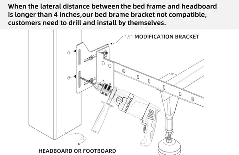 Heavy Duty Bed Frame Bracket Adapter For Headboard Conversion Full To Queen Solid Steel Offset Plates with drill attached for installation.