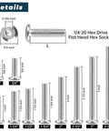 1/4-20 Furniture Connector Bolts And Barrel Nuts Kit With Hex Key, 20 Pairs, 304 Stainless Steel 18-8 size chart