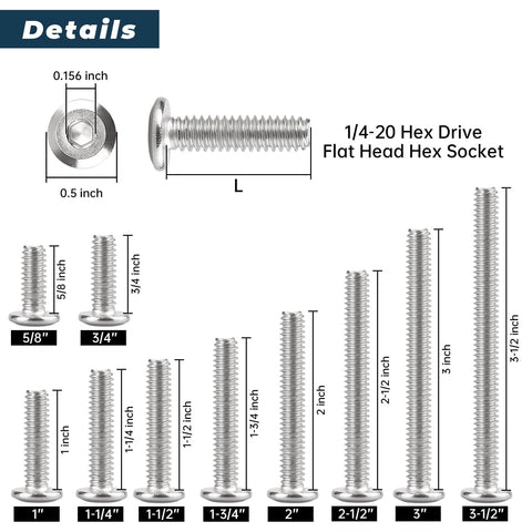 1/4-20 Furniture Connector Bolts And Barrel Nuts Kit With Hex Key, 20 Pairs, 304 Stainless Steel 18-8 size chart