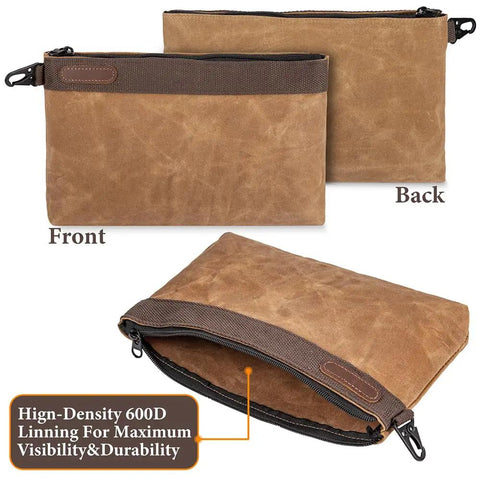 Waxed Canvas Tool Pouches 4 Pack, 11-Inch Heavy-Duty Zipper Tool Bags showing front and back views with open pocket detail.