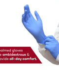 Person wearing Premium Nitrile Exam Gloves Small Pack 200 Count Ambidextrous Beaded Cuffs Latex Free Powder Free Disposable Medical Use