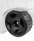 Close-up of the sturdy black wheel on the Premium Heavy Duty Wheeled Storage Bins 160 Quart 2 Pack Rolling Carts.