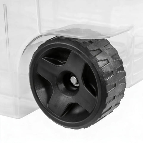 Close-up of the sturdy black wheel on the Premium Heavy Duty Wheeled Storage Bins 160 Quart 2 Pack Rolling Carts.