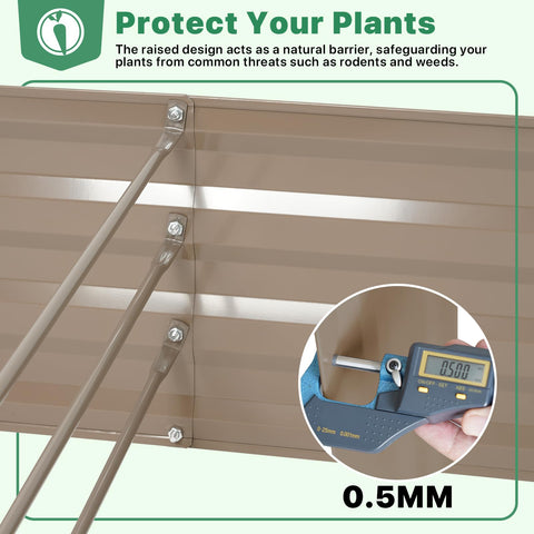Close-up of galvanized raised garden bed kit joint detail, showing 0.5mm thickness and brown metal finish, focus on durability.