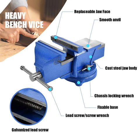 Heavy Duty 6 Inch Bench Vise With Locking Base Clamp Cast Steel 360 Degree Swivel Built In Anvil For Woodworking Conduit Drilling Cutting And Sanding On a Desktop Workbench, cast steel body