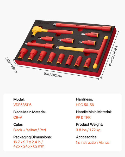 Hardcore 16-Piece Insulated Socket Set With 1000V Safety Rating displayed on a foam organizer, featuring red and yellow tools.