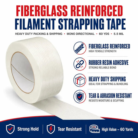 Beefy Five Point Five Mil Fiberglass Reinforced Packing Tape Rock Solid Rubber Resin Adhesive For Heavy Duty Shipping And Cardboard Box Bundling One Inch By Sixty Yards Pack Of Two Dozen, showing 5.5 mil tape roll with fiberglass reinforcement.