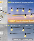 Comparison of 100Ft Outdoor String Lights with 105 Globe Bulbs Waterproof IP44 Edison G40 Bulbs against 50-socket lighting