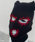 Distressed Halloween Balaclava Full Face Mask With Knit Beanie Hooded Style featuring red stitched eye and mouth cut-outs.