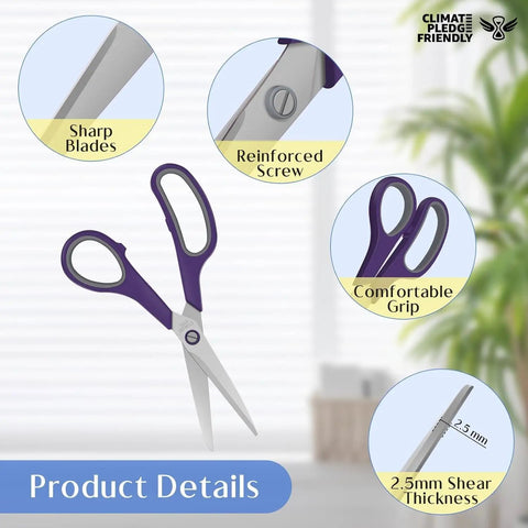 Heavy Duty All Purpose Scissors For Office School Kitchen And Crafts With Sharp Stainless Steel Blades And Ergonomic Non Slip Soft Grip Handle For Smooth Cuts, 8.3 in purple