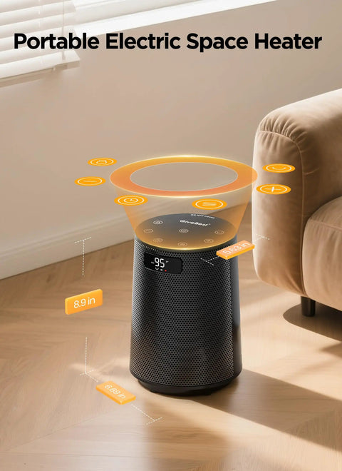 Portable Electric Space Heater With Remote Thermostat 70 Degree Oscillation on hardwood floor near couch