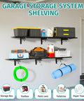 Wall Mounted Storage Shelf 46 Inch By 12.6 Inch Built Tough Heavy Duty Garage Organizer With 180 Lbs Capacity, Floating Rack With Four Hooks, Black Metal Shelf For Basement, Workshop And Tool Room holding storage items