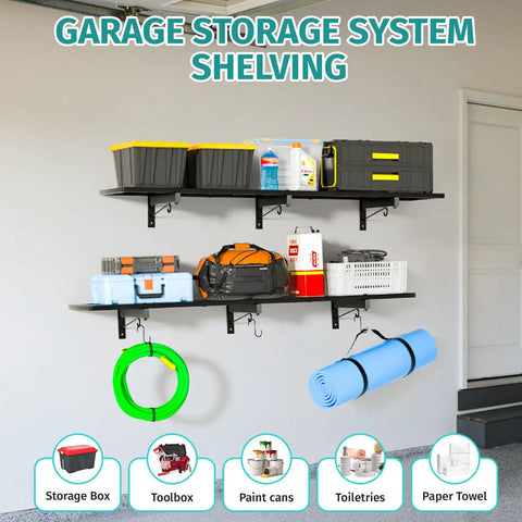 Wall Mounted Storage Shelf 46 Inch By 12.6 Inch Built Tough Heavy Duty Garage Organizer With 180 Lbs Capacity, Floating Rack With Four Hooks, Black Metal Shelf For Basement, Workshop And Tool Room holding storage items