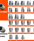 Variety of nut removers and sockets from 62 Piece Screw Extractor Set With Left Hand Drill Bits For Broken Nuts And Stripped Bolts