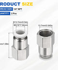 Two Pack Push To Connect Fittings Five Sixteenth Inch Tube One Quarter Inch NPT Female Nickel Plated Brass Straight Pneumatic Adapters For Air Line Systems White Quick Connect dimensions diagram