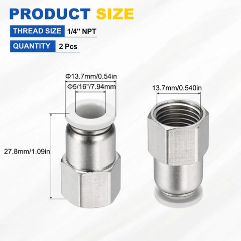 Two Pack Push To Connect Fittings Five Sixteenth Inch Tube One Quarter Inch NPT Female Nickel Plated Brass Straight Pneumatic Adapters For Air Line Systems White Quick Connect dimensions diagram