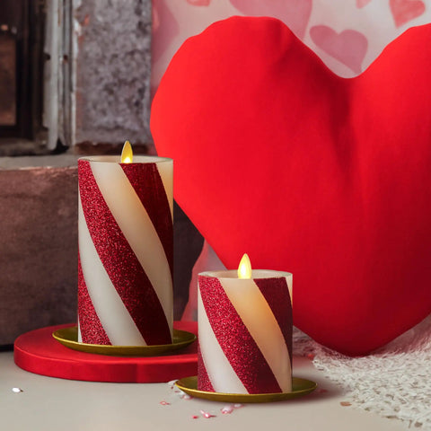Flameless LED Candy Cane Pillar Candle With Moving Flame, Battery Operated 6.5 Inch Red Glitter Stripe, unscented indoor decor