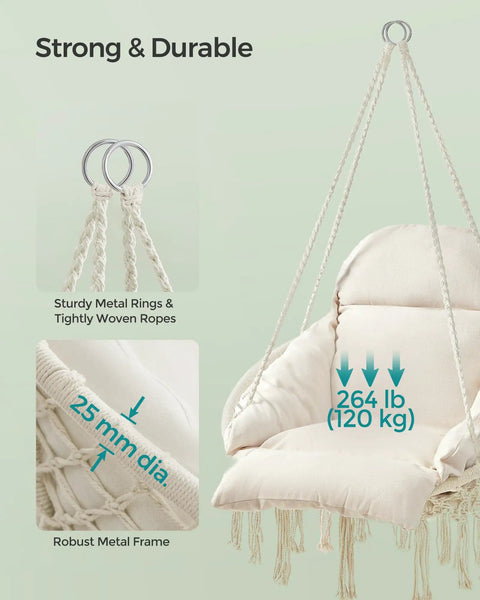 Hangin Hammock Chair With Large Cushy Cushion, Boho Swing Chair For Bedroom, Patio, Balcony Or Garden, Sturdy Metal Frame With Tight Rope, Supports Up To 264 Lb, Cream White, Accessories Included