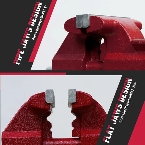 8 Inch Bench Vise Heavy Duty With 7.5 Inch Jaw Opening And 210 Degree Swivel Base 4.5 Inch Throat Depth Multi Jaw Design For Flat And Round Material Great For Large Projects Pipes And Bulky Workpieces, red cast iron jaws