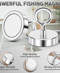 Front view of two chrome 2-inch neodymium fishing magnets, one with lifting eye bolt.