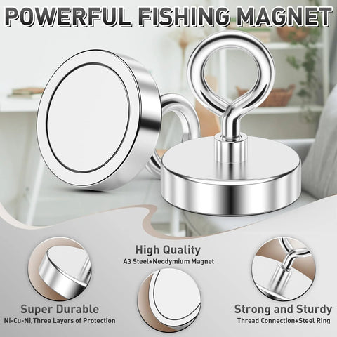 Front view of two chrome 2-inch neodymium fishing magnets, one with lifting eye bolt.
