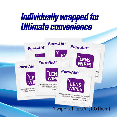 Pure-Aid lens wipes packets for eyeglasses and camera lenses; individually wrapped, 1 wipe per packet, 5.1 x 5.9 in.