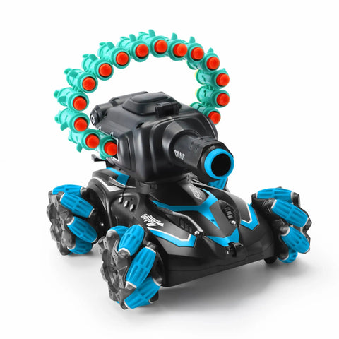 Remote Control Battle Tank That Shoots Foam Darts, 16 Darts Included, Blue RC Car For Kids Aged 7 To 11 in front view.