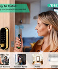 Slick Built In Wifi Smart Door Lock With Handle And Keypad, easy install with screwdriver, shown on wooden door.