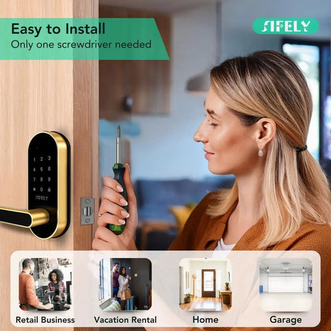 Slick Built In Wifi Smart Door Lock With Handle And Keypad, easy install with screwdriver, shown on wooden door.