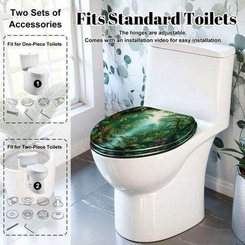 Elongated Tropical Rainforest Stream Waterfall Vibrant Plants Toilet Seat fitted on a standard toilet with adjustable hinges.