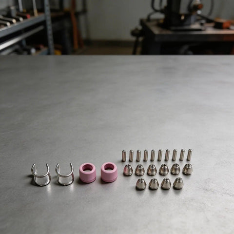 Top 24-Piece Plasma Cutter Consumables Kit For SG-55 AG-60 WSD-60 includes nozzles, electrodes, and shields on a gray surface.