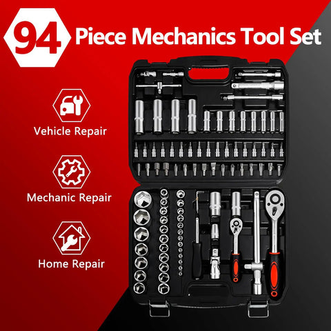 Durable 94 Piece Mechanics Tool Set With Metric And Standard Sockets Quarter Inch And Half Inch Drives, Ratchets, Open Case
