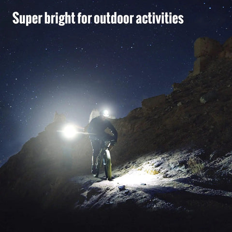 Person wearing Long Throw Headlamp With 323 Meter Beam For Long Range Vision And 1755 Lumen Rechargeable LED at night outdoors
