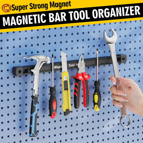 Double Sided Magnetic Tool Holder 12 Inch Magnetic Tool Bar on wall with tools like hammer, wrench, screwdrivers hanging