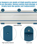 Solid And Slick Wood Track Rack System For Your Guide Rails With Easy Cam Lock Mount Works Like A Charm With Makita DeWalt Festool Kreg And Triton Track Saws Blue Shop Gear Organizer showing durable high-quality material and rotary safety lock design.