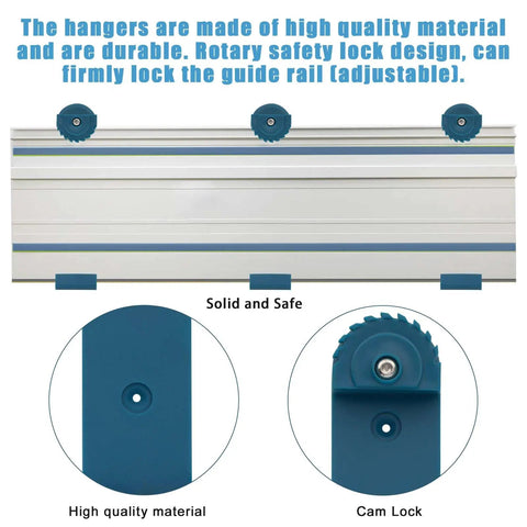 Solid And Slick Wood Track Rack System For Your Guide Rails With Easy Cam Lock Mount Works Like A Charm With Makita DeWalt Festool Kreg And Triton Track Saws Blue Shop Gear Organizer showing durable high-quality material and rotary safety lock design.