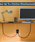 Upgraded 2 Pack USB Wall Outlet Charger 3.6A Total 5V USB Ports with a computer and lamp plugged in on desk