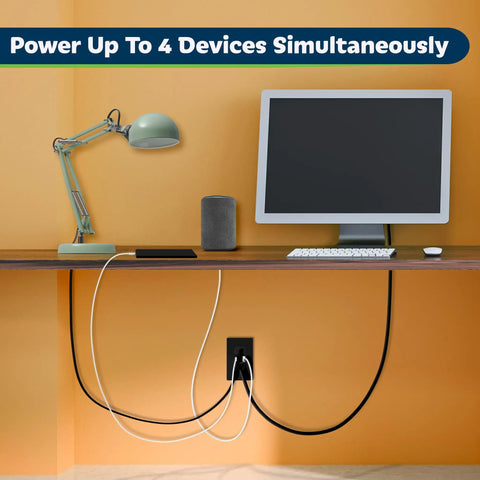 Upgraded 2 Pack USB Wall Outlet Charger 3.6A Total 5V USB Ports with a computer and lamp plugged in on desk