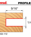 Diagram showing a 9/16" depth and 1/4" width slot profile for the 9/16 Inch Depth Slotting Cutter Set With 1/4 Inch Shank And 1/4 Inch Carbide Height, Includes Three Wing Slotting Cutters, Arbor And Bearing, Silver Ice Coating, For Handheld Or Table Mounted Routers.