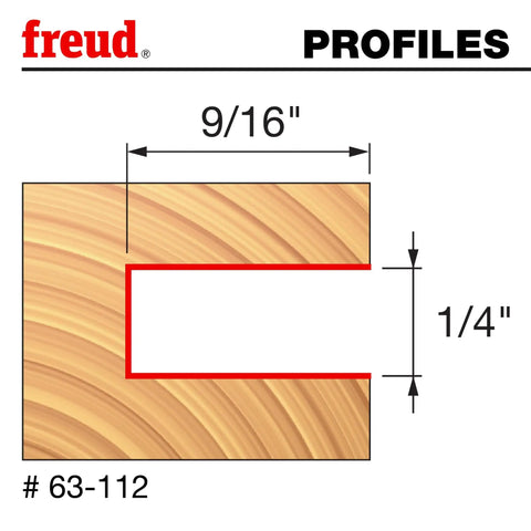 Diagram showing a 9/16" depth and 1/4" width slot profile for the 9/16 Inch Depth Slotting Cutter Set With 1/4 Inch Shank And 1/4 Inch Carbide Height, Includes Three Wing Slotting Cutters, Arbor And Bearing, Silver Ice Coating, For Handheld Or Table Mounted Routers.