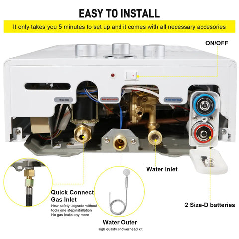 Easy installation guide for Propane Tankless Water Heater On The Go 4.21GPM 16L with gas and water connections labeled.