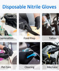 Grid of six images showing different uses for Black Nitrile Exam Gloves Medium 4 Mil Powder Free Latex Free Food Safe Medical Grade Puncture Resistant 100 Count Box Ideal For Medical And Food Handling And Laboratory Use Suitable For Medical Dental And Food Service Environments